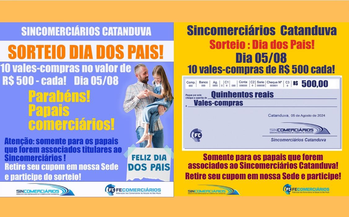 Sincomerciários Catanduva realiza sorteio, hoje,  de 10 vales-compras para o Dia dos Pais