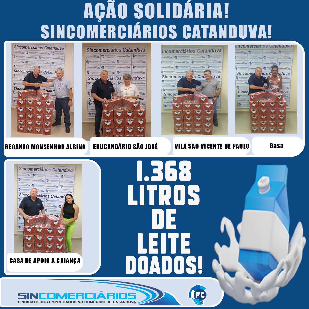 Em ação solidária Sincomerciários Catanduva doa 1368 para instituições da cidade