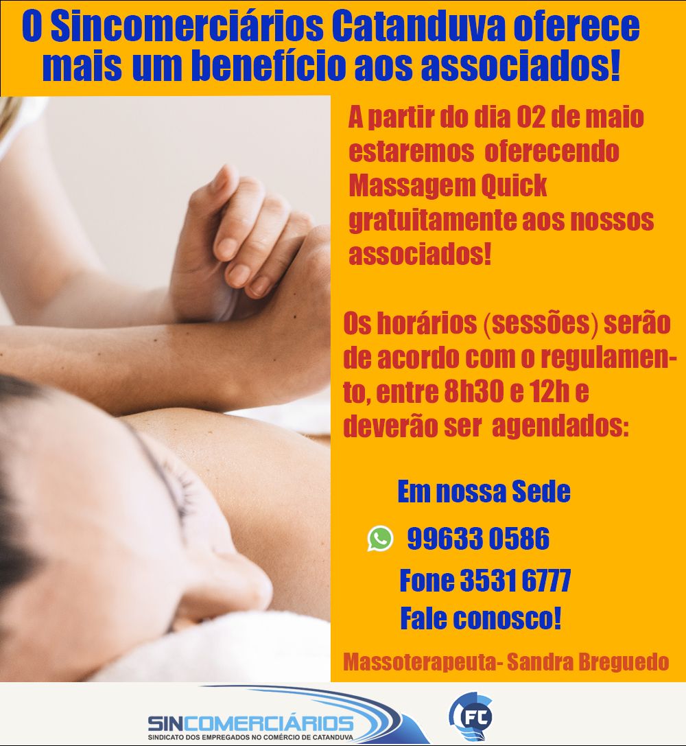 Sincomerciários de Catanduva passa a oferecer Massagem Quick grátis aos associados